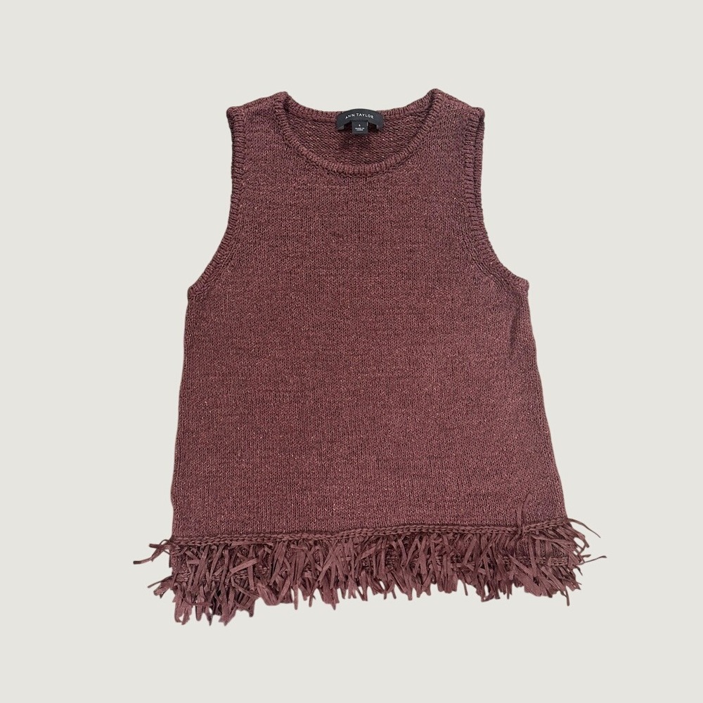 Ann Taylor Brown Knit Fringe Hem Sleeveless Sweater Tank Shell Size S Western